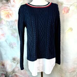 Faith & Joy Navy Cable Knit Faux Button Up Undershirt Striped Collar Sweater